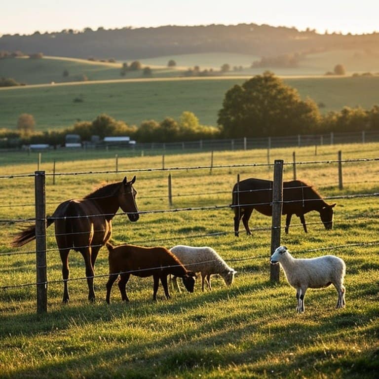 Species-appropriate predator-resistant perimeter fence with varying heights for horses, cattle, goats, and sheep in a sunlit rural farm scene Species-appropriate predator-resistant perimeter fence with varying heights for horses, cattle, goats, and sheep in a sunlit rural farm scene