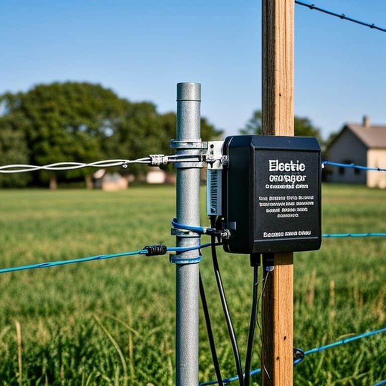 乡村农场电围栏 energizer装置连接多围栏线的整洁安装场景 乡村农场电围栏 energizer装置连接多围栏线的整洁安装场景