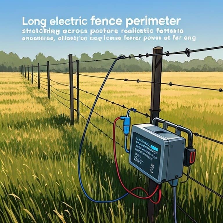 农场电动围栏系统关键场景图示,涵盖围栏周长、 energizer、电压测试等组件 农场电动围栏系统关键场景图示,涵盖围栏周长、 energizer、电压测试等组件