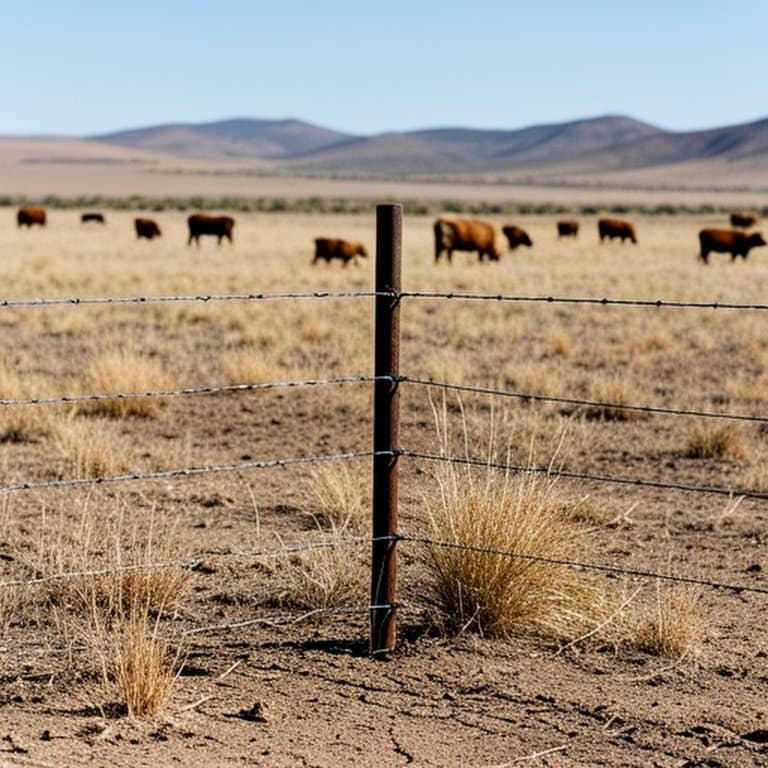 Agricultural fencing in drought-prone arid landscape, featuring steel T-posts, high-tensile wire, and grazing cattle, showcasing drought-adapted structural setup and environmental context Realistic photograph of drought-adapted agricultural fencing in arid landscape with steel T-posts and high-tensile wire, grazing cattle in dry clay soil