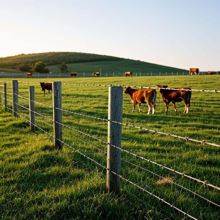 Realistic documentary-style photograph of rural farm showcasing three wire fence types in practical use for livestock containment Rural farm landscape with three wire fence types for livestock containment