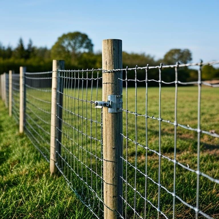 Realistic documentary-style photograph of agricultural welded wire mesh fence in livestock setting Realistic documentary-style photograph of agricultural welded wire mesh fence in livestock setting