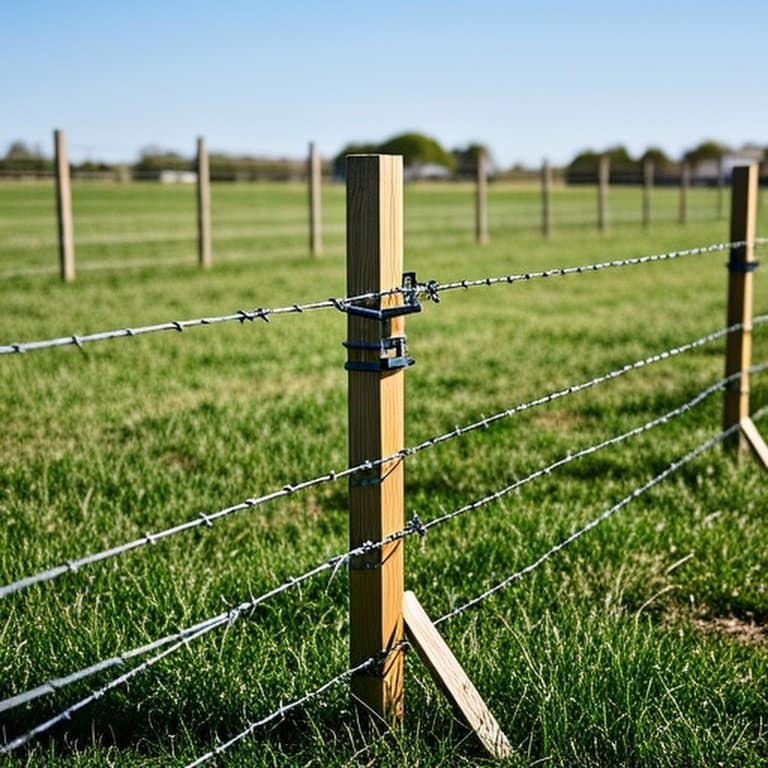 Partially installed woven wire fence in agricultural field for livestock containment, emphasizing proper corner bracing and tensioning setup Partially installed woven wire fence in agricultural field for livestock containment, emphasizing proper corner bracing and tensioning setup