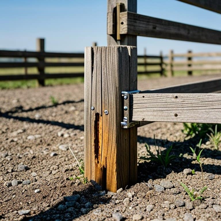 Wooden ranch fence post at ground level with early rot, gravel drainage backfill, and vegetation buffer zone Wooden ranch fence post at ground level with early rot, gravel drainage backfill, and vegetation buffer zone