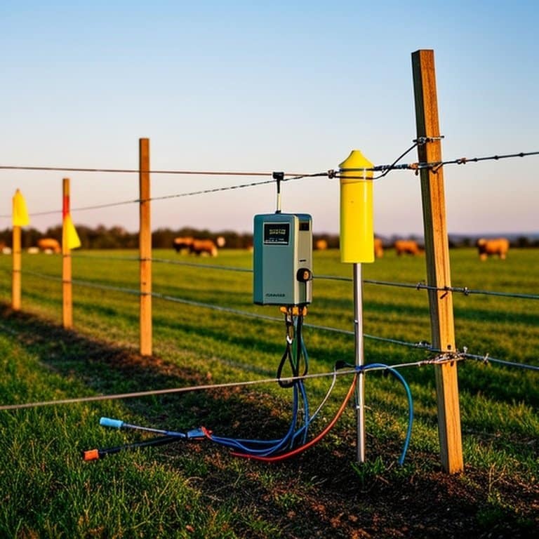 Well-maintained electric fence on an agricultural farm with modern safety features Realistic photograph of a well-maintained electric fence on a sunny agricultural farm, featuring a modern certified energizer, ground rod with testing tools, visibility flags, insulators, and grazing livestock, highlighting safety and proper setup