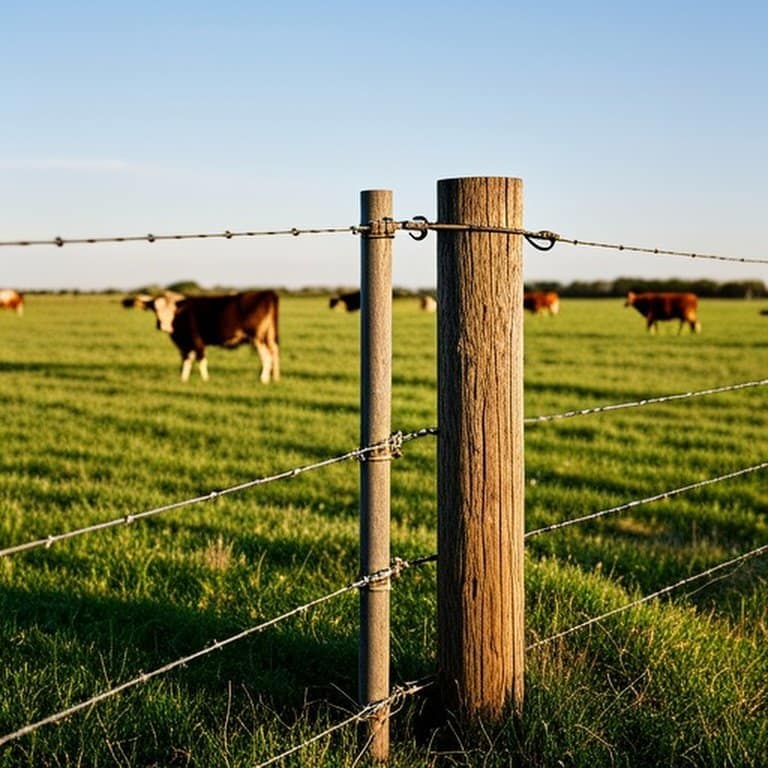 Realistic documentary-style photograph of a rural cattle pasture with a practical fencing system including corner bracing, tensioned wire, offset deterrent wire, and designated rubbing post to prevent cattle damage Realistic documentary-style photograph of a rural cattle pasture with a practical fencing system including corner bracing, tensioned wire, offset deterrent wire, and designated rubbing post to prevent cattle damage