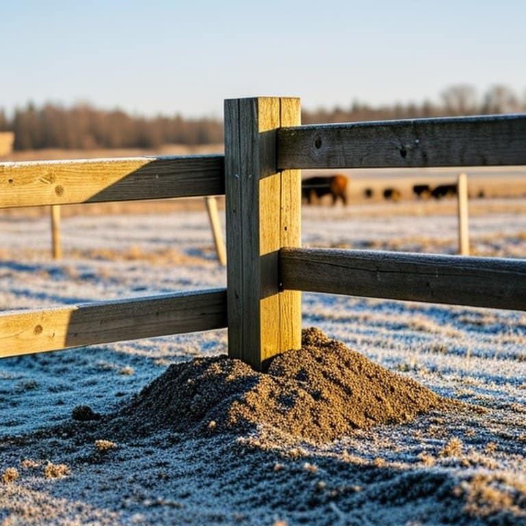 Rural farm fence installation in cold climate with gravel backfill and diagonal bracing for frost heave prevention Rural farm fence installation in cold climate with gravel backfill and diagonal bracing for frost heave prevention