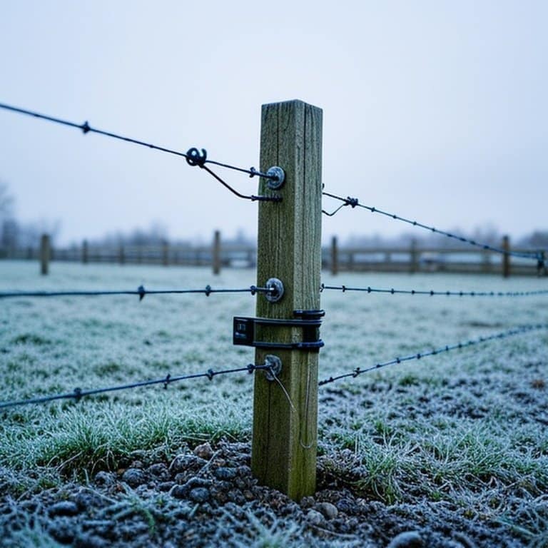 Realistic documentary-style photograph of agricultural fence reinforced corner with wooden post, H-brace assembly, and grounding rod system for storm and lightning protection Reinforced agricultural fence corner section in farm setting for storm and lightning resilience