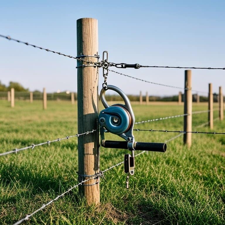 Documentary-style photograph of DIY wire fence setup on grassy farm pasture with wooden posts and hand winch Documentary-style photograph of DIY wire fence setup on grassy farm pasture with wooden posts and hand winch