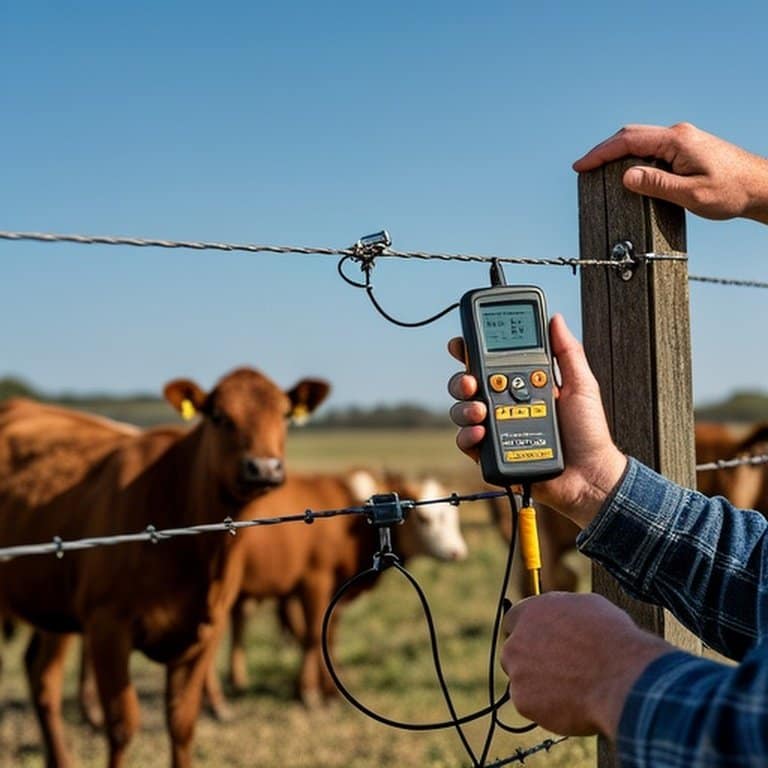Farmer using a digital electric fence voltage tester on a livestock fence in a rural farmland setting Farmer using a digital electric fence voltage tester on a livestock fence in a rural farmland setting