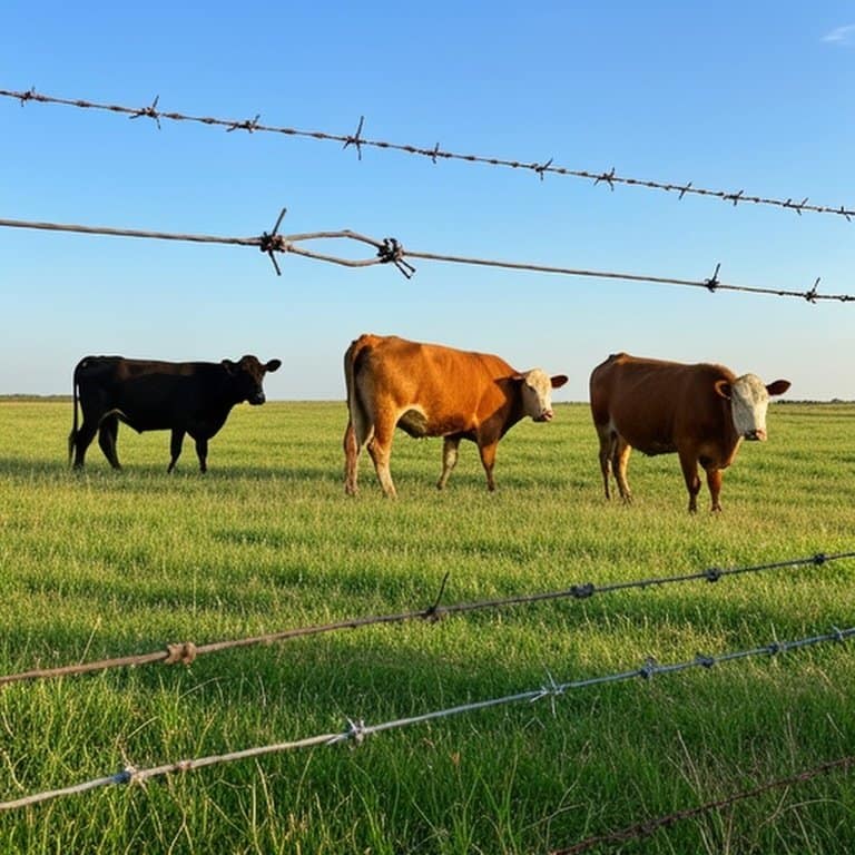 Sunny open pasture with green grass and barbed wire fence demonstrating safe cattle grazing Realistic wide-angle photo of sunny open pasture with green grass and barbed wire fence, grazing cattle