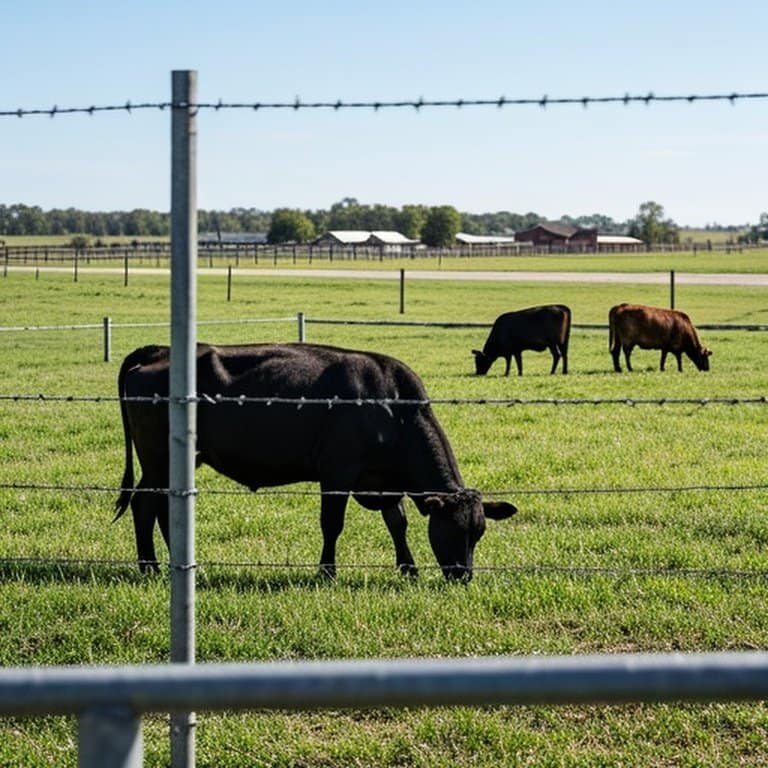 Realistic documentary-style photograph of well-maintained barbed wire fence surrounding rural agricultural pasture with adult cattle grazing Realistic documentary-style photograph of well-maintained barbed wire fence surrounding rural agricultural pasture with adult cattle grazing