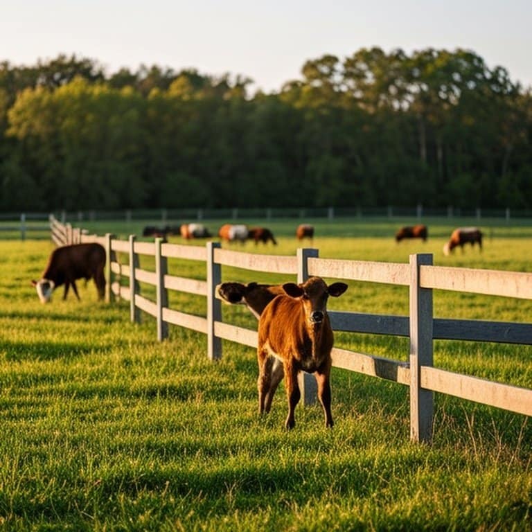Grassy pasture with composite fencing and grazing cattle at golden hour, showcasing agricultural fencing’s suitability Grassy pasture with composite fencing and grazing cattle at golden hour, highlighting agricultural fencing suitability for moderate livestock pressure