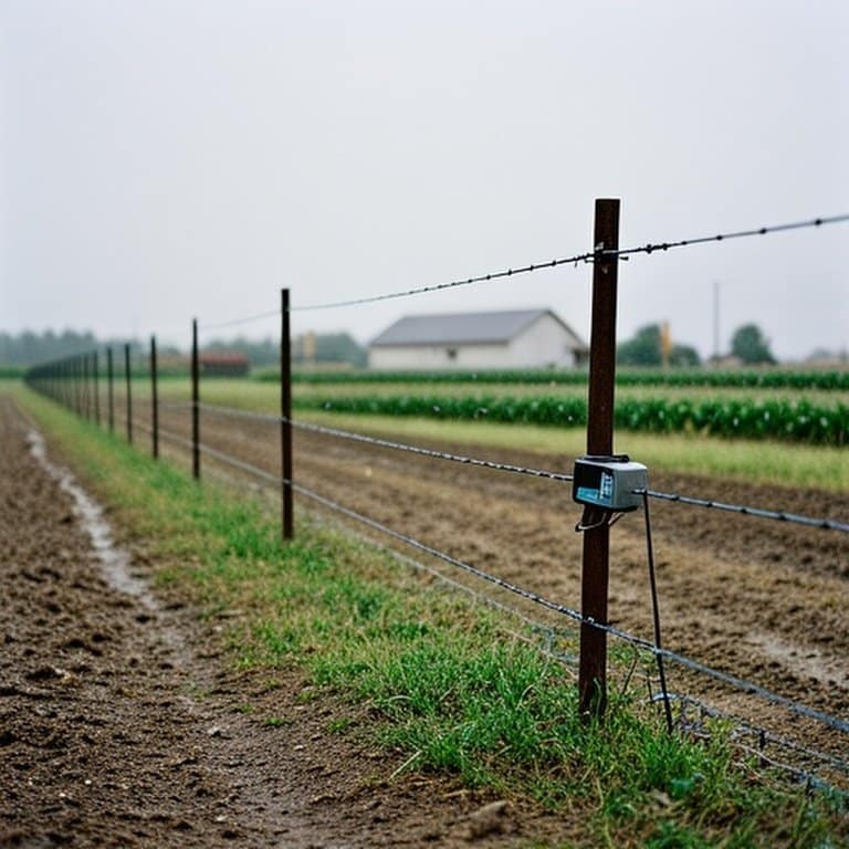 Realistic photograph of a well-maintained electric fence system on a farm during light rain Realistic photograph of a well-maintained electric fence system on a farm during light rain