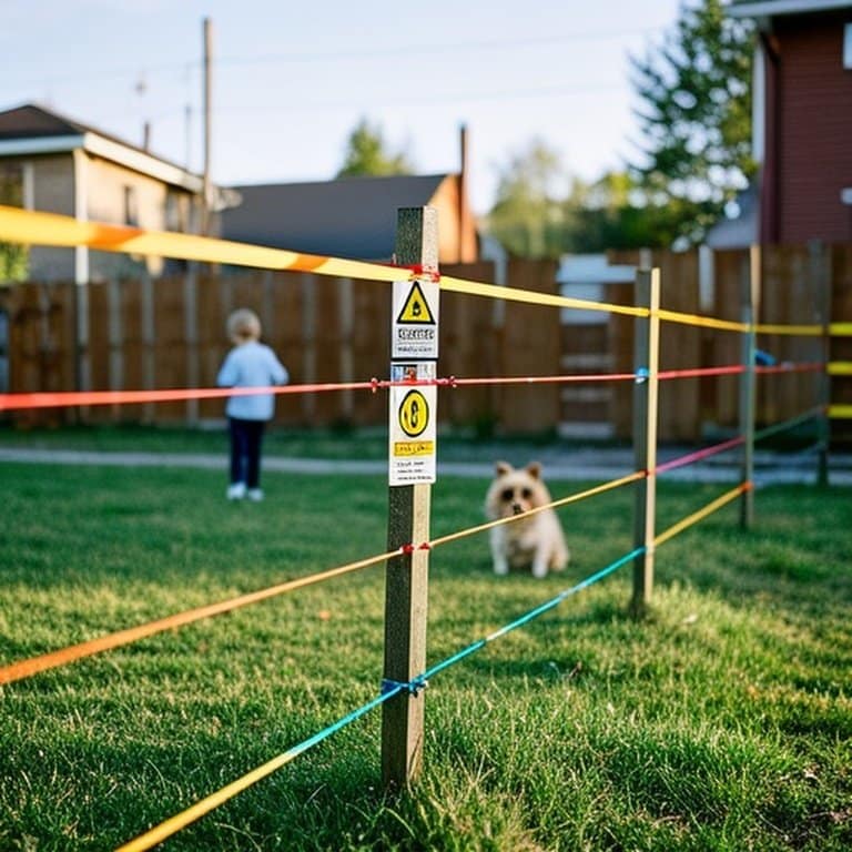 Well-maintained electric fence for child and pet safety in agricultural backyard Realistic documentary-style photograph of a well-maintained electric fence in a small agricultural backyard, emphasizing proper installation and visibility (warning tape, signs) for child and pet safety, with a child observing from distance and a calm dog on the safe side