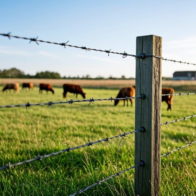 Tensioned high-tensile wire fence in sunlit pasture with wooden posts and grazing cattle Tensioned high-tensile wire fence in sunlit pasture with wooden posts and grazing cattle
