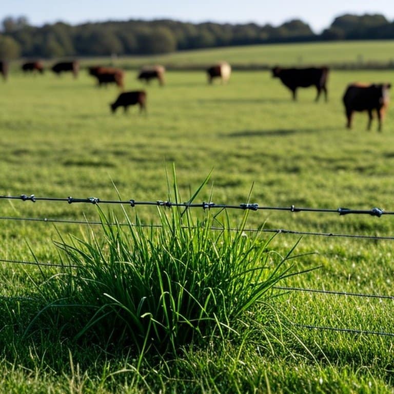Well-managed grassy farm pasture with electric cross fencing, healthy grass growth, and grazing cattle, illustrating rotational grazing practices in a calm agricultural environment Grassy farm pasture with electric cross fencing and grazing cattle, demonstrating rotational grazing principles in a well-managed rural setting