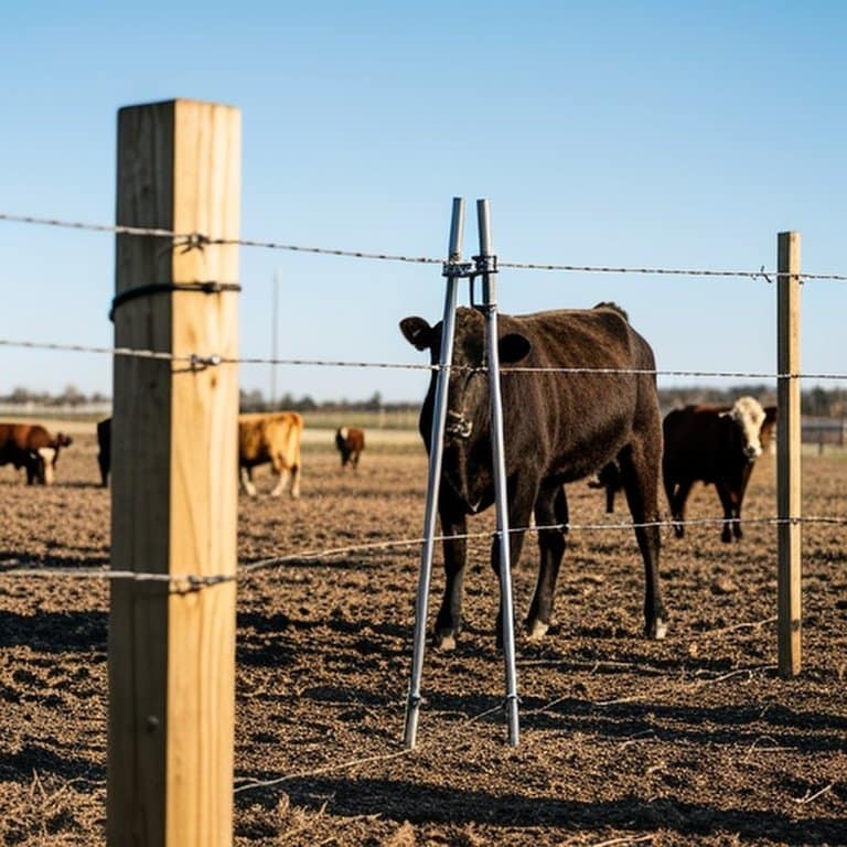 DIY agricultural fence installation in progress on flat farmland, showing wooden posts, tensioned wire, tools, and cattle interaction, emphasizing quality and cost-effective livestock containment DIY agricultural fence installation in progress on flat farmland, showing wooden posts, tensioned wire, tools, and cattle interaction, emphasizing quality and cost-effective livestock containment