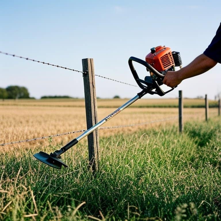 Safe grass trimming technique demonstration with gas-powered weed trimmer in rural agricultural documentary scene Safe grass trimming technique demonstration with gas-powered weed trimmer in rural agricultural documentary scene