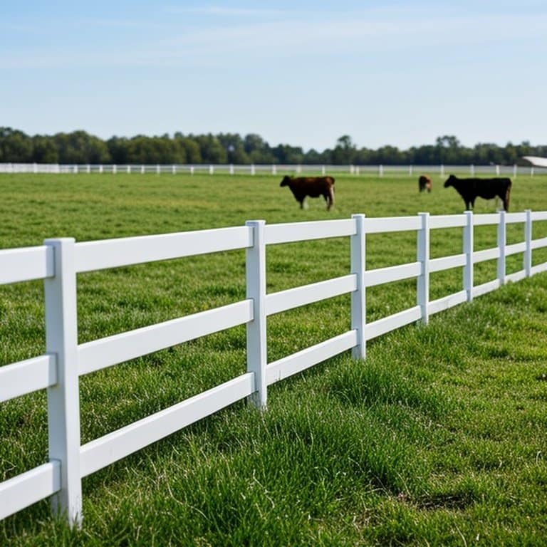 Rural farm pasture with white PVC fencing for livestock safety Rural farm pasture with white PVC fencing for livestock safety