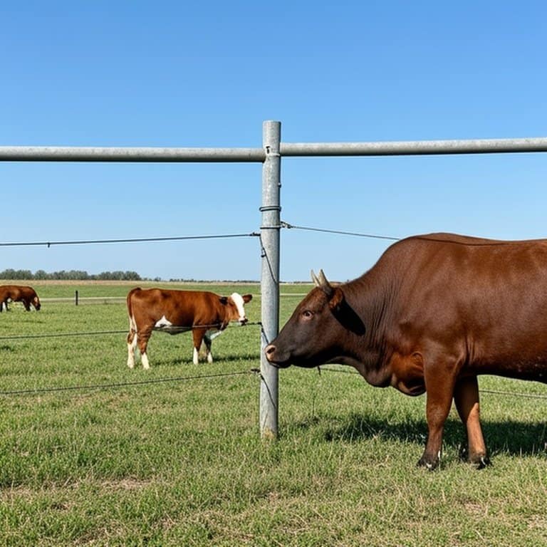 Wide-angle documentary-style rural farm scene with contrasting PVC fencing sections: well-maintained left with grazing calves (low-pressure boundary use) vs. sagging right with leaning bull (high-pressure interaction failure), emphasizing livestock behavior vs. fencing performance Wide-angle documentary-style rural farm scene with contrasting PVC fencing sections: well-maintained left for grazing calves vs. sagging right with leaning bull, illustrating livestock behavior and fencing performance