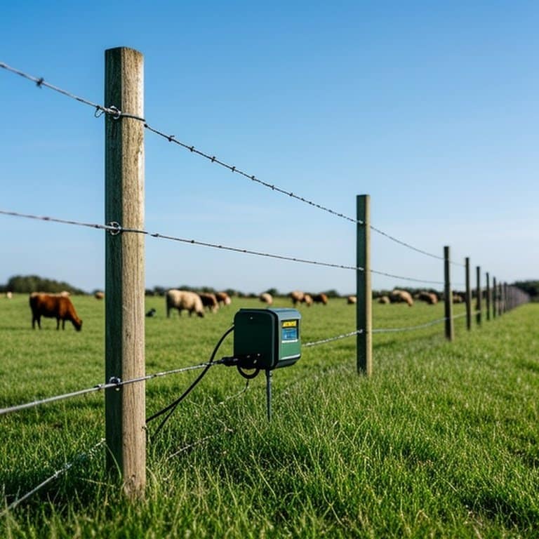 Permanent electric fence system in agricultural setting Well-installed permanent electric fence system in a pastoral agricultural setting, demonstrating stable and durable infrastructure for livestock containment