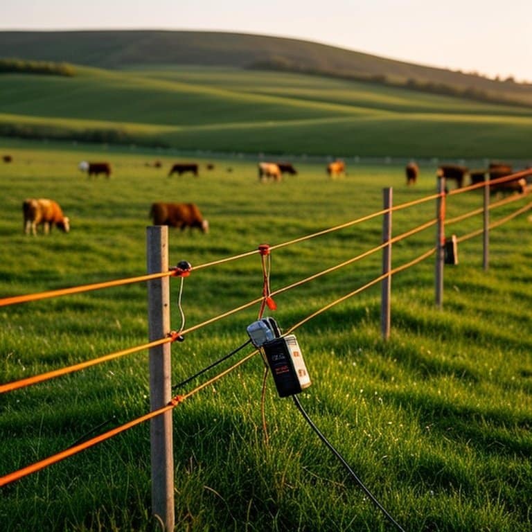 Realistic photograph of pastoral farm pasture with temporary electric fencing for rotational grazing, showing trained cattle at the fence edge Realistic photograph of pastoral farm pasture with temporary electric fencing for rotational grazing, showing trained cattle at the fence edge