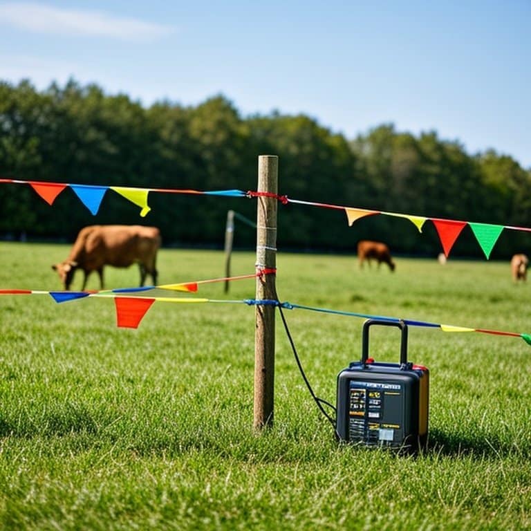 Temporary electric fence setup with cattle grazing in sunny grassy pasture, emphasizing safety and visibility Temporary electric fence setup in sunny grassy pasture with grazing cattle