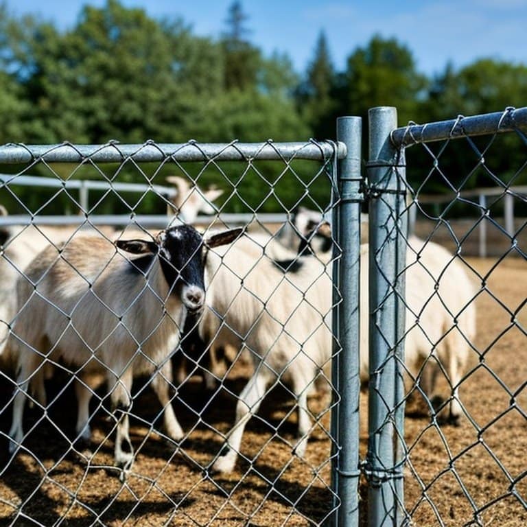 Welded wire mesh fence in well-maintained agricultural pen with metal posts, containing goats safely in controlled setting, highlighting proper installation for smaller livestock Welded wire mesh fence in well-maintained agricultural pen with metal posts, containing goats safely in controlled setting, highlighting proper installation for smaller livestock