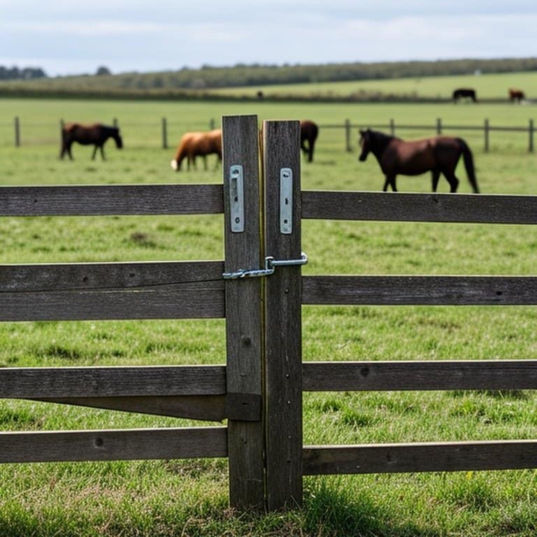 Professional documentary photograph of secure wooden fence in rural farm pasture Well-maintained wooden fence in rural agricultural pasture for livestock containment