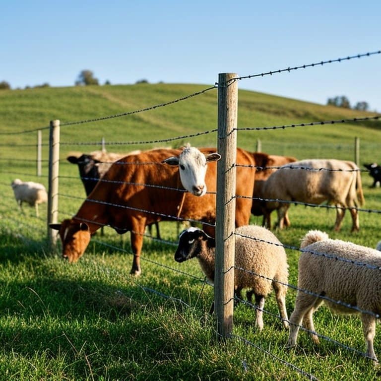 Realistic farm pasture scene with woven wire field fence and mixed livestock Realistic farm pasture scene with woven wire field fence and mixed livestock