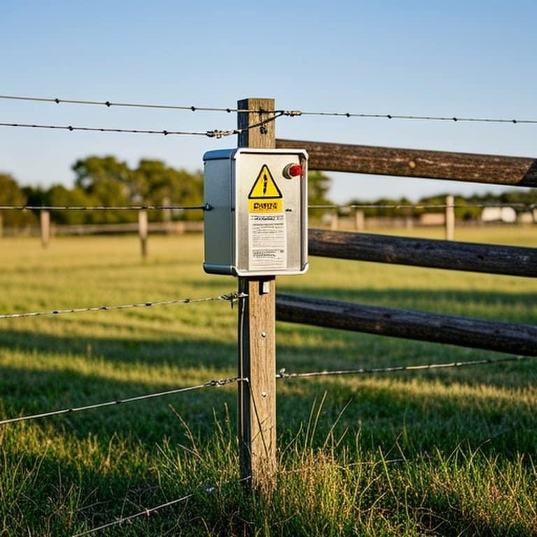 Well-maintained electric fence system in rural agricultural pasture Well-maintained electric fence system in rural agricultural pasture