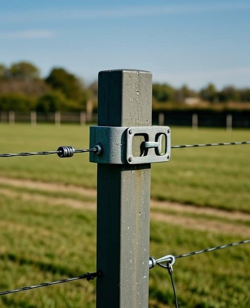 A close-up of a PVC fence post in an outdoor agricultural pasture, showing the attached wire, a metal bracket securing it, and a clear view of the hardware connection point, with natural daylight illuminating the scene, all in a documentary-style stock photo with no people and no text.