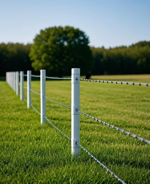 A rural agricultural pasture with a properly installed PVC & plastic fencing system, featuring evenly spaced PVC posts and horizontal plastic strands, dividing the pasture into sections with clear, undamaged structure.