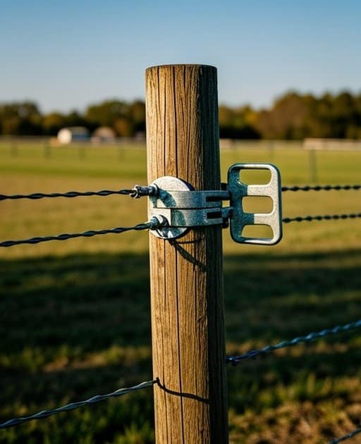 Close-up of a fence post in an outdoor agricultural pasture, showcasing post material texture, tightly attached wire, metal bracket, and hardware connection point in natural daylight with clean composition
