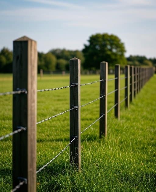 Rural agricultural pasture with exterior and interior fencing systems, featuring sturdy wooden posts, galvanized wire strands, and lush green grass, showcasing organized pasture sections for agricultural functionality