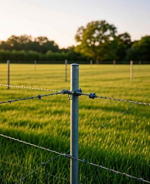 Well-installed permanent electric fencing system in rural agricultural pasture with galvanized steel posts and high-tensile wires, surrounded by green grass and a distant grove, properly maintainedwith no visible damage