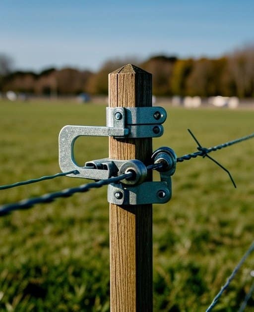 Close-up of a permanent electric fencing system section in an outdoor agricultural pasture, showing fence post material, tightly attached wire/rail, metal bracket, and hardware connection point with natural daylight
