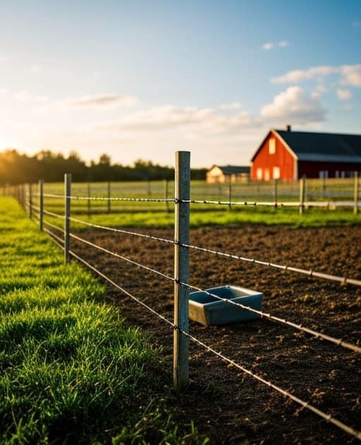 Rural agricultural pasture showcasing a properly installed swine fencing system with sturdy galvanized metal posts and welded wire mesh
