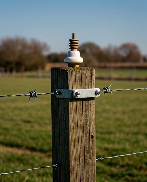 A close-up of a fence post in an outdoor agricultural pasture with visible wooden post material, galvanized wire tightly attached to it by a metal bracket, and a ceramic insulator at the connection point, all bathed in natural daylight