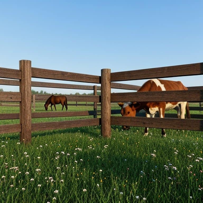 Side-by-side rural pasture scenes with post-and-rail fence (horse grazing) and board fence (cow nearby), natural daylight documentary photography Side-by-side rural pasture scenes with post-and-rail fence (horse grazing) and board fence (cow nearby), natural daylight documentary photography