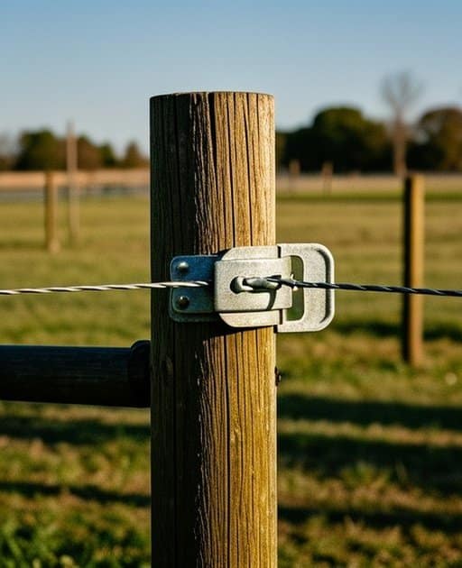Close-up of a fence post in an outdoor agricultural pasture with visible wood or metal material, tightly attached wire/rail, metal bracket, clear hardware connection point, natural daylight, clean composition, documentary-style stock photo