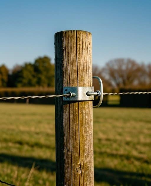 A close-up of a fence post in an outdoor agricultural pasture, showing the texture of the post material, a tightly attached wire running along it, a metal bracket securing the wire in place, and a clear view of the hardware connection point where the bracket meets the post, all bathed in natural daylight with no people in the frame and a clean composition.