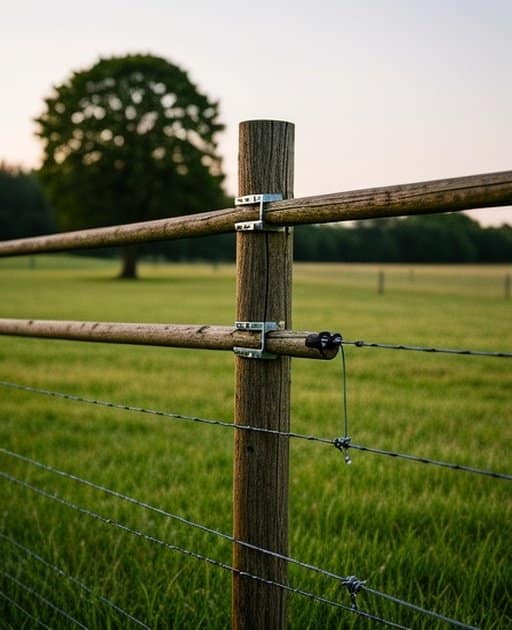 Rural agricultural pasture with properly installed Rotational Grazing & Cross Fencing Guide system showing sturdy wooden posts, high-tensile galvanized wire, metal tension brackets, and black insulators, lush green grass in the foreground, and a tree line horizon under natural daylight