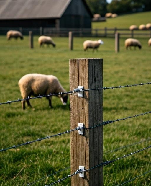 Properly installed sheep fencing system with evenly spaced wooden posts, woven wire fencing, and grazing sheep in a rural agricultural pasture.