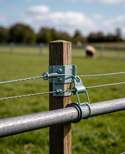 Close-up of a section of a Sheep Fencing Guide fencing system in an outdoor agricultural pasture under natural daylight, showing fence post material, attached wire or rail, metal bracket or insulator, and clear hardware connection point with clean composition, in a documentary-style professional agricultural stock photo (no people)