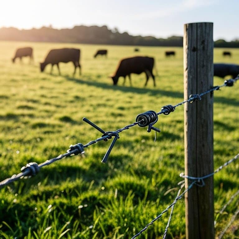 Realistic well-tensioned electric fence in pastoral agricultural setting with grazing cattle Realistic well-tensioned electric fence in pastoral agricultural setting with grazing cattle