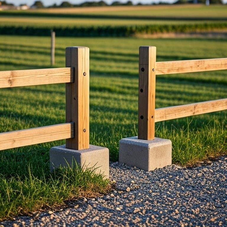Agricultural fence line with wooden posts on gravel and concrete bases illustrating trade-offs in livestock fencing post-setting methods Agricultural fence line with wooden posts on gravel and concrete bases illustrating trade-offs in livestock fencing post-setting methods