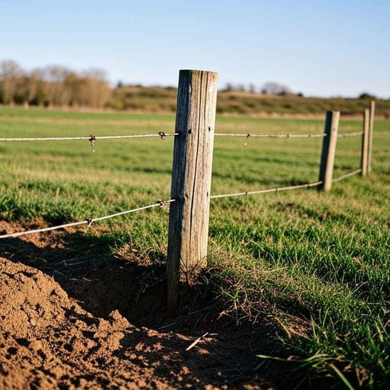 Weathered wooden fence post in grassy agricultural pasture with soil erosion affecting stability Weathered wooden fence post in grassy agricultural pasture with soil erosion affecting stability