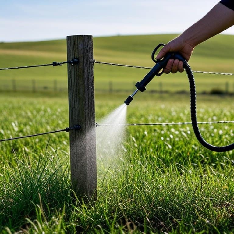 Herbicide application around treated wooden fence post with electric insulators for agricultural maintenance Herbicide application around treated wooden fence post with electric insulators for agricultural maintenance